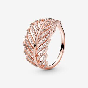 Pandora Rose Gold Shimmering Diamond Feather Ring Sz 8